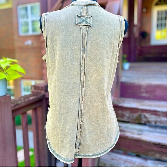 Acid Wash Sleeveless Henley Tank Top Green Yellow Medium - Picture 2 of 5